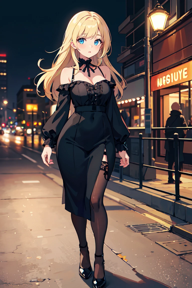 masterpiece, best quality, highly detailed background, perfect lighting, best quality, (extremely detailed face), volumetric lighting, intricate details, shadow, tonemapping, sharp focus, hyper detailed, trending on Artstation, (solo) ((Looking at the viewer)), ((city night background)) .Girl with medium blond hair.  Blue eyes. curvy. Blush, Clear skin.  Big bust. ((black, Goth, casual, clothes)) ((Gothic dressed)). Gothic shoes.