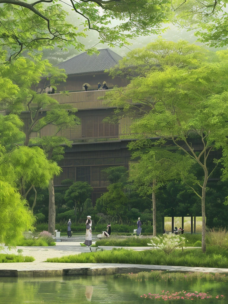 Landscape architecture,Pavilion by the water,Rich in artistic conception,Ink Painting,Chinese painting,willow,Sparkling,Mustard Seed Garden Painting Manual,Chinese pavilion