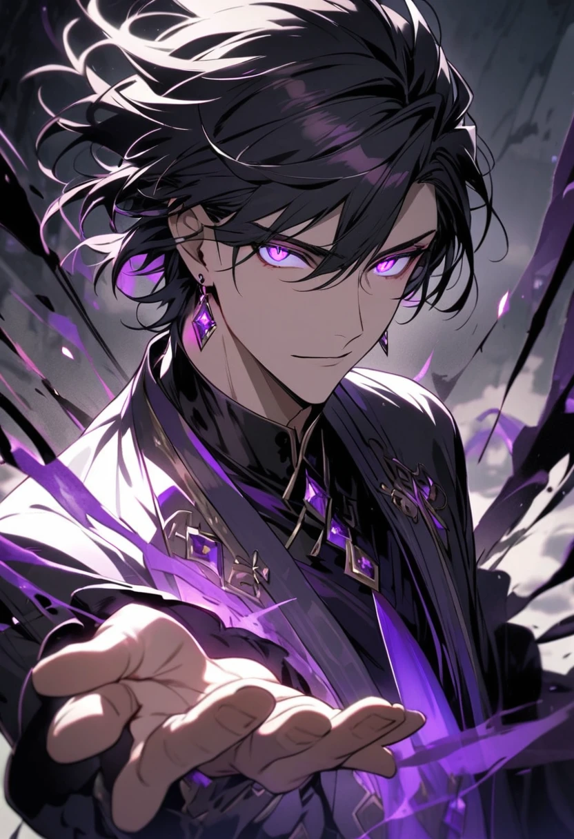 male, solo, handsome, purple eyes, glowing eyes, balck hair, diamond earings, spread the hand,