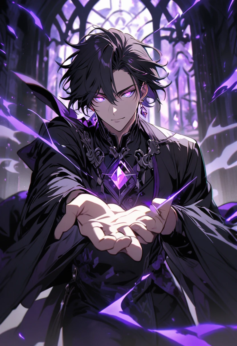 male, solo, handsome, purple eyes, glowing eyes, balck hair, diamond earings, spread the hand,