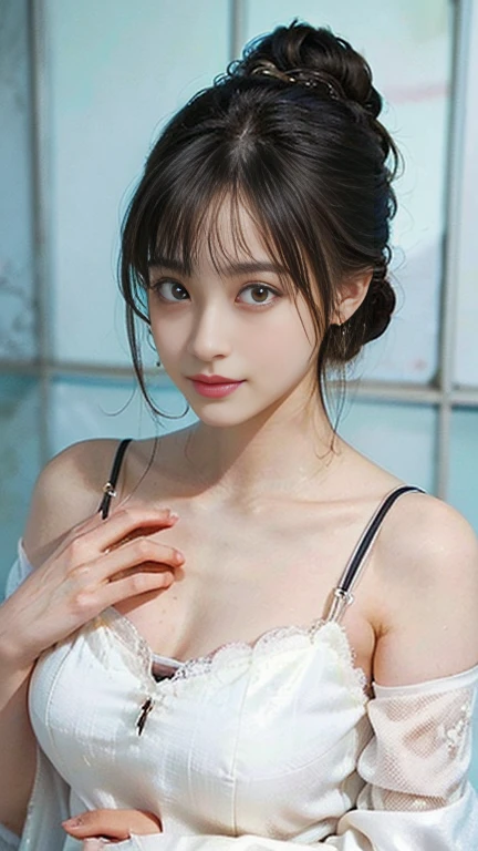 (Extra large chest: 1.6), Very detailed and beautiful, masterpiece, Highest quality, Ultra-high resolution, 16K, Realistic, Super detailed, 1 Girl, amount, Black Hair, alone, ((Very sensual,Big Breasts) ), I narrowed my eyes., Dark Eyes, Sparkling eyes, Black Hair, gloves, Sexy Dress, Fine Jewelry, Earrings, Sharp Eye, Elbow Groove, She tied her hair up and raised her hands, A silk off-the-shoulder bra in random colors that fits perfectly to the body., Silk short ドレスes in random colors, Diverse and bold, Long Eye Makeup, Narrow eyes, smile, lipstick, Rim Light, Backlight, pastel colour, Studio Lighting, --My fingers and body are fine.,