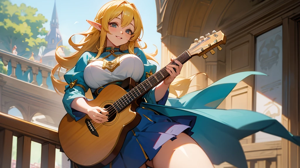 Thick thighs,Anime Style,Detailed background,Magical World,A lively balcony with many people,Smiling bard beautiful elf girl,guitar,Large Breasts