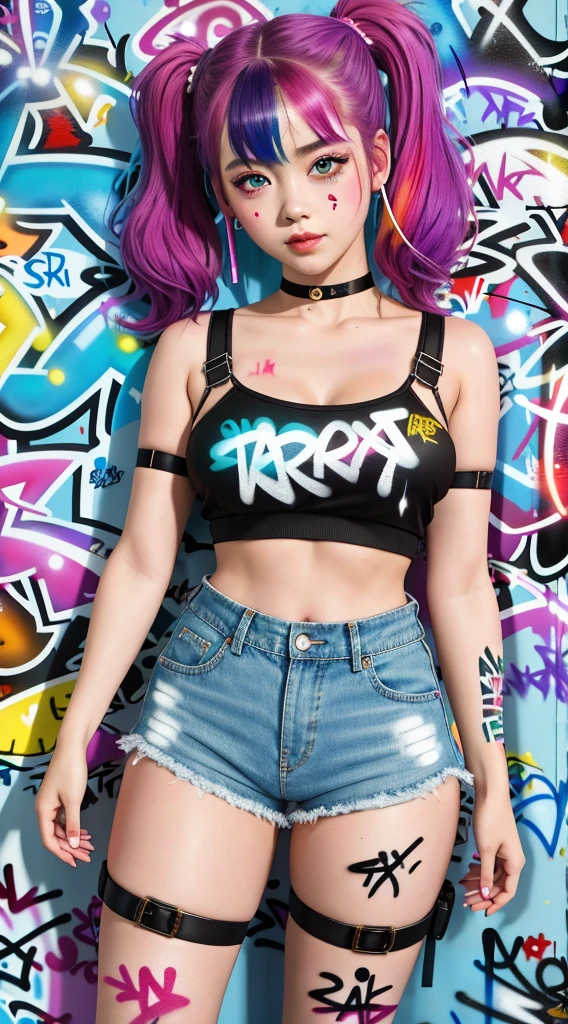 masterpiece, best quality, 1girl, solo, high pigtails, crop top, denim shorts, choker, (graffiti:1.5), paint splatter, arms behind back, against wall, looking at viewer, armband, thigh strap, paint on body, head tilt, bored, multicolored hair, aqua eyes, headset, full body, wide hips, Showing armpits, extreme beauty