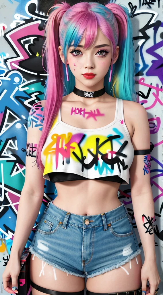 masterpiece, best quality, 1girl, solo, high pigtails, crop top, denim shorts, choker, (graffiti:1.5), paint splatter, arms behind back, against wall, looking at viewer, armband, thigh strap, paint on body, head tilt, bored, multicolored hair, aqua eyes, headset, full body, wide hips, Showing armpits, extreme beauty