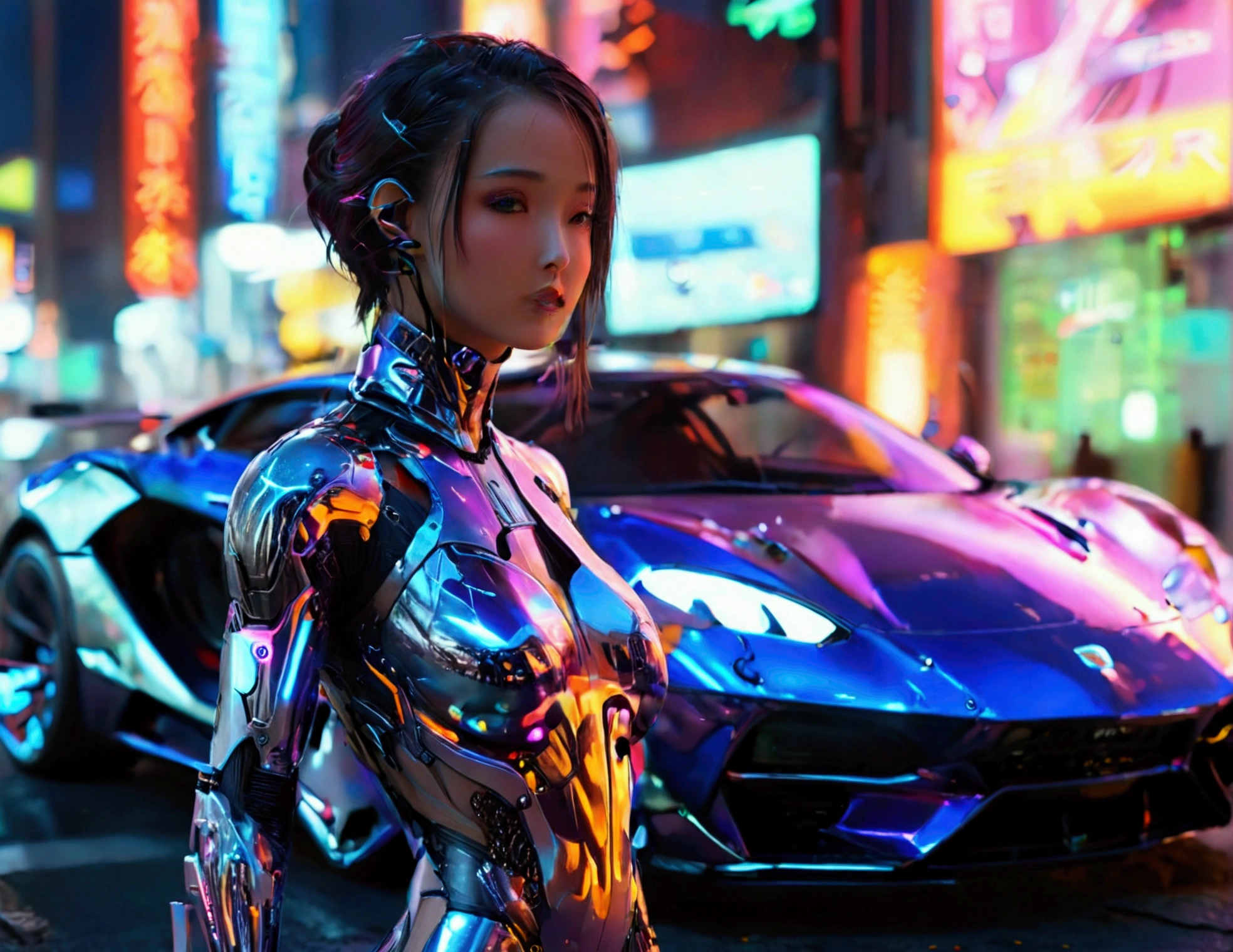 A cute woman, sexy skin suit, a few cybernetic data-ports mar her skin, neon chrome color scheme, posing next to a matching cyber super car, future tokyo, extremely detailed, high quality, 8k, photorealistic, masterpiece, cinematic lighting, vivid colors, chrome, neon, cyberpunk, science fiction, futuristic, seamless, intricate details, sharp focus, volumetric lighting
