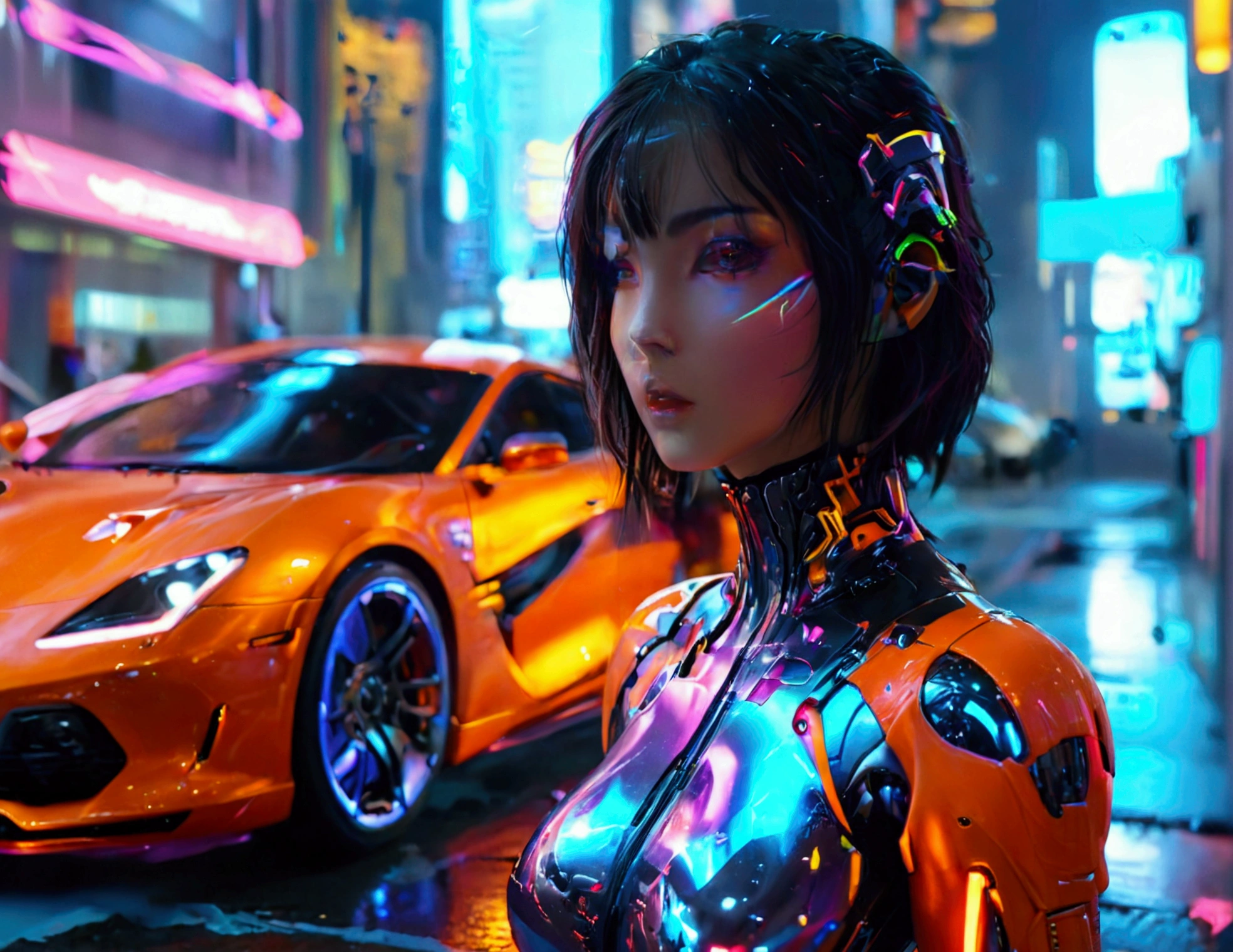 A cute woman, sexy skin suit, a few cybernetic data-ports mar her skin, neon chrome color scheme, posing next to a matching cyber super car, future tokyo, extremely detailed, high quality, 8k, photorealistic, masterpiece, cinematic lighting, vivid colors, chrome, neon, cyberpunk, science fiction, futuristic, seamless, intricate details, sharp focus, volumetric lighting