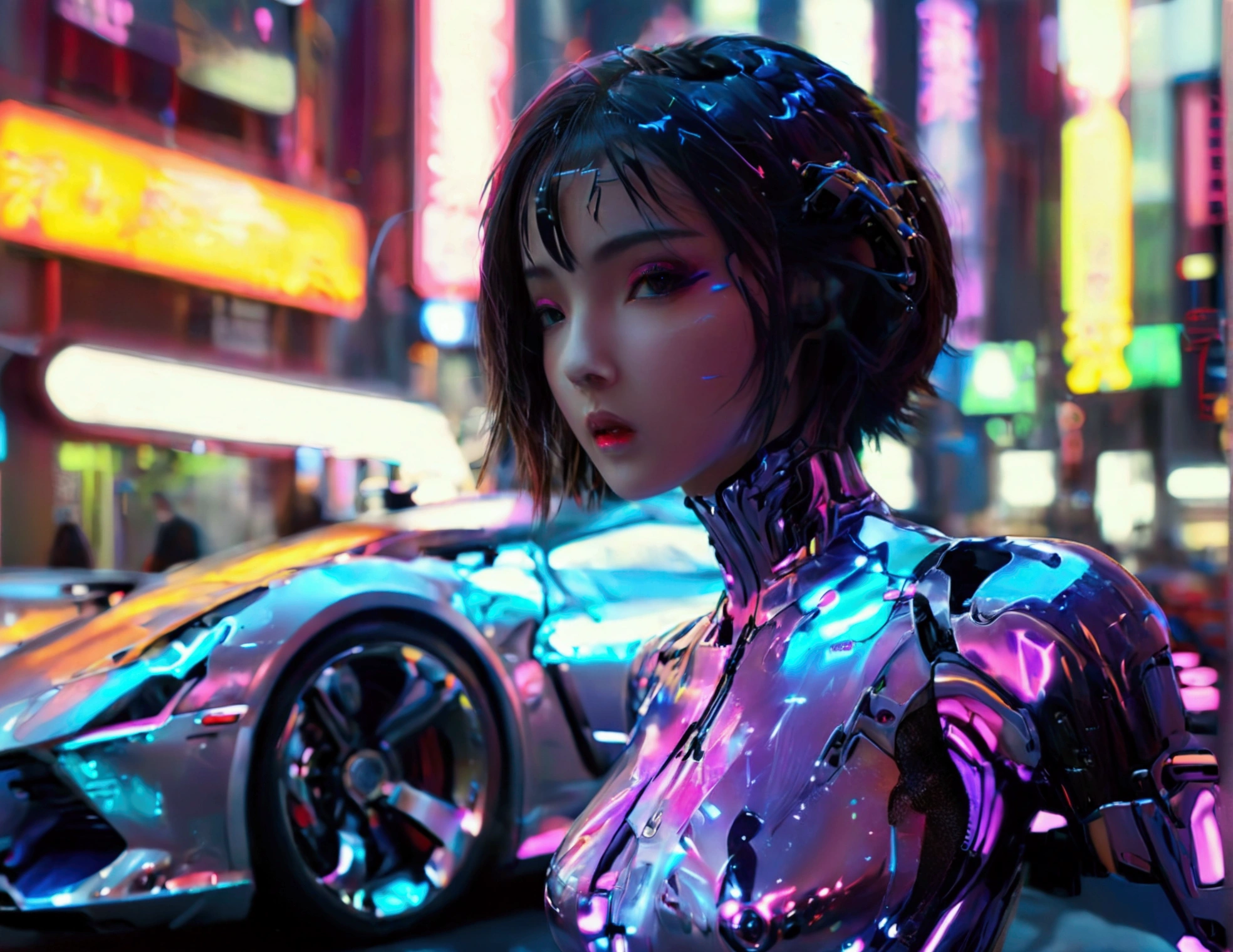 A cute woman, sexy skin suit, a few cybernetic data-ports mar her skin, neon chrome color scheme, posing next to a matching cyber super car, future tokyo, extremely detailed, high quality, 8k, photorealistic, masterpiece, cinematic lighting, vivid colors, chrome, neon, cyberpunk, science fiction, futuristic, seamless, intricate details, sharp focus, volumetric lighting