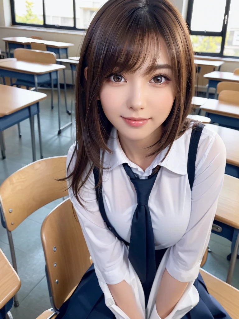 8k,best quality, masterpiece, ultra detailed, ultra high res, photorealistic, raw photo, absurdres, absolutely resolution, 1girl, full body, looking at viewer,a Japanese young pretty woman, hyper cute face, glamorous figure, large breasts,long bob hair,smile,(school uniform:1.3),beautiful eyes, ,windy, (I'm sitting in a chair in a classroom:1.3),glossy lips, double eyelids in both eyes, natural makeup, long eyelashes, shiny smooth light brown long bob hair, asymmetrical bangs, shiny skin, central image, high resolution, high detailing, detailed hairstyle, detailed face, spectacular movie lighting, octane rendering, vibrant, hyper realistic, perfect limbs, perfect anatomy