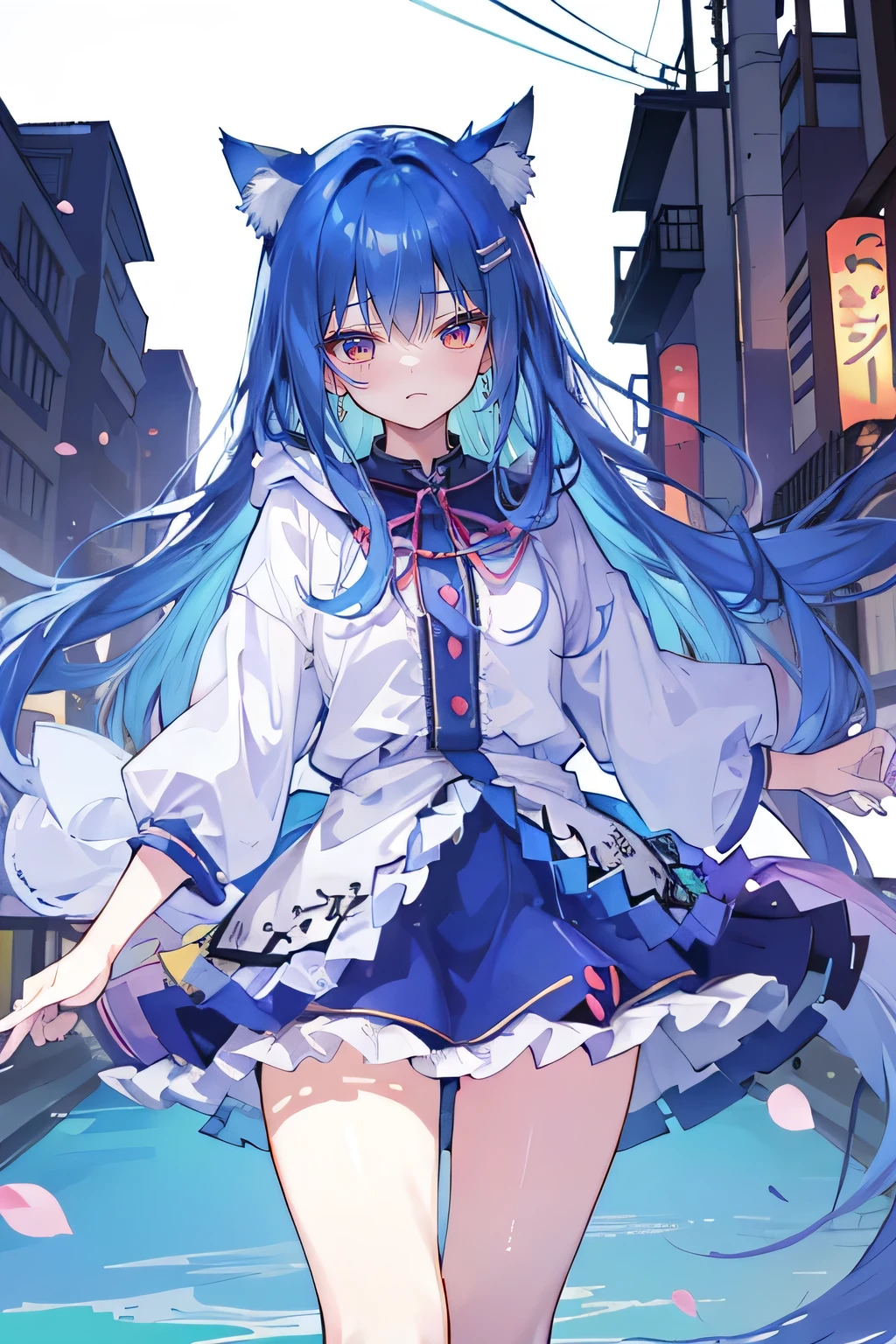 (masterpiece:1.2),Super detailed,lifelike,Expressive eyes,fair skin,perfect face shape,1 girl,
Japanese comics,Gorgeous blue hair,flowing blue hair,flowing clothes,Cat ears,Petals fall,beautiful lola,Baby Angel,
Shaking head with one hand,Cross your legs,smile, wearing hoodie,snowing,City streets。