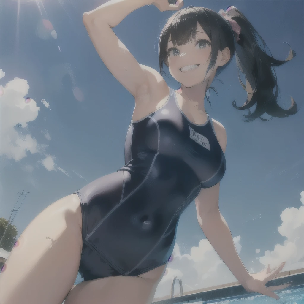 nsfw,Tabletop, Highest quality, Ultra-detailed illustrations，One Girl、alone，(Navy school swimsuit:1.2)，(Black hair color)，(ponytail)，(Big smile:1.5)，(tsurime)，(Please open your mouth wide)，(Cowboy Shot)，(Bright sky:1.3)，(Jumping)，(swimming pool:1.2)，(From below)，(Raise the hand)，(Underarm) ，Huge Breasts:1.5