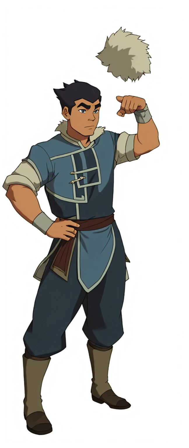 African-American, Bolin, water tribe traditional clothing mixed of blue and purple, with fur in shoulders and neck. Long sleeve, skinny 