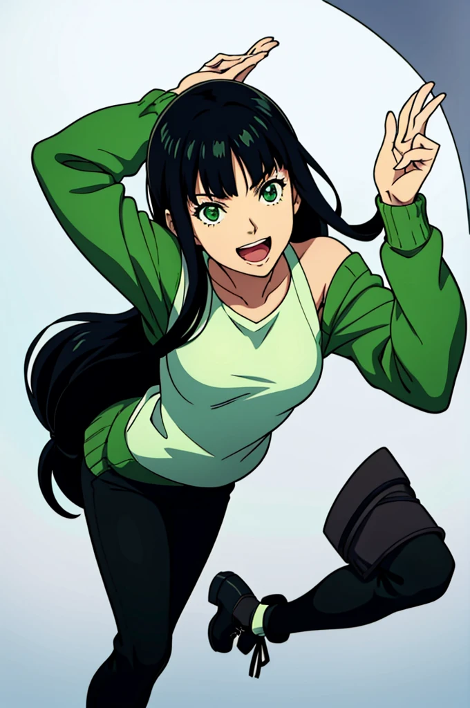 Image of a girl anime character wearing a green sweater and black pants, one leg raised, laughing happily in front of a white background. The girl wears a white shirt underneath the sweater and has shoulder-length hair with bangs.