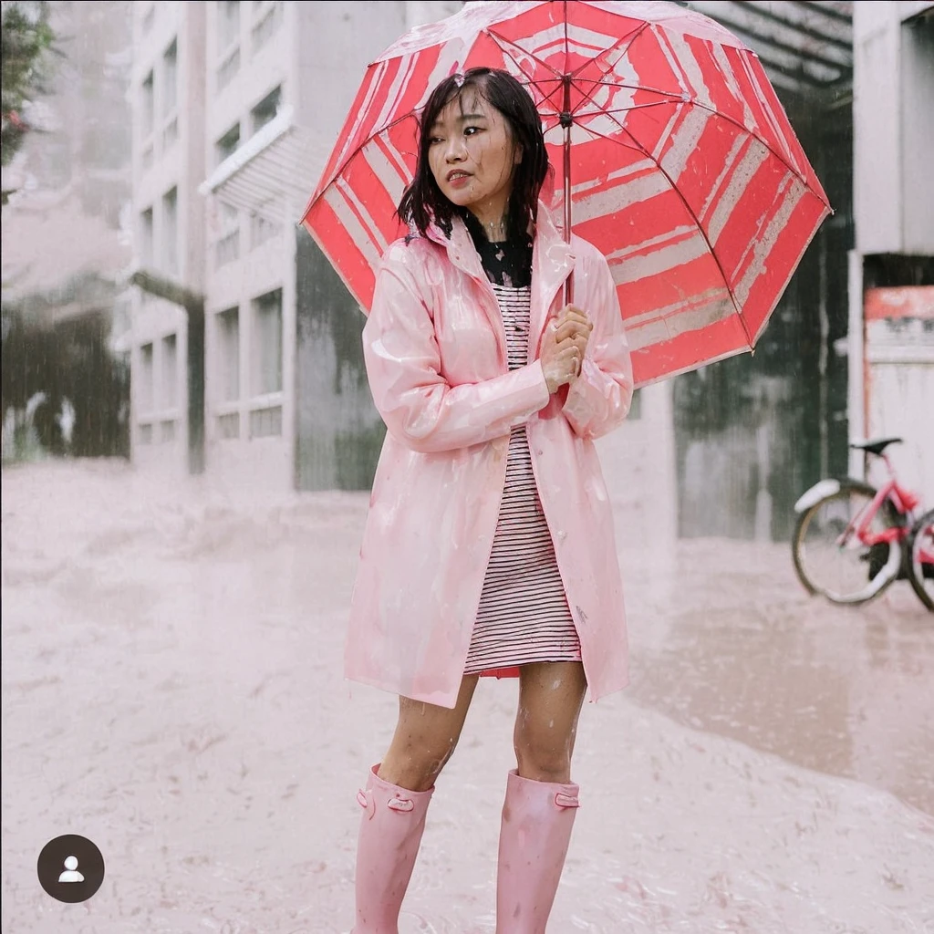 a beautiful asian woman holding a pink umbrella, cute pose, wearing a pink buttoned raincoat, tall pink rain boots, ((((muddy splatters)))), (((muddy raincoat))), (((mud dripping down clothes))) intricate details, highly detailed, masterpiece, 8k, photorealistic, cinematic lighting, vibrant colors, soft focus, elegant, feminine, beautiful, serene, graceful