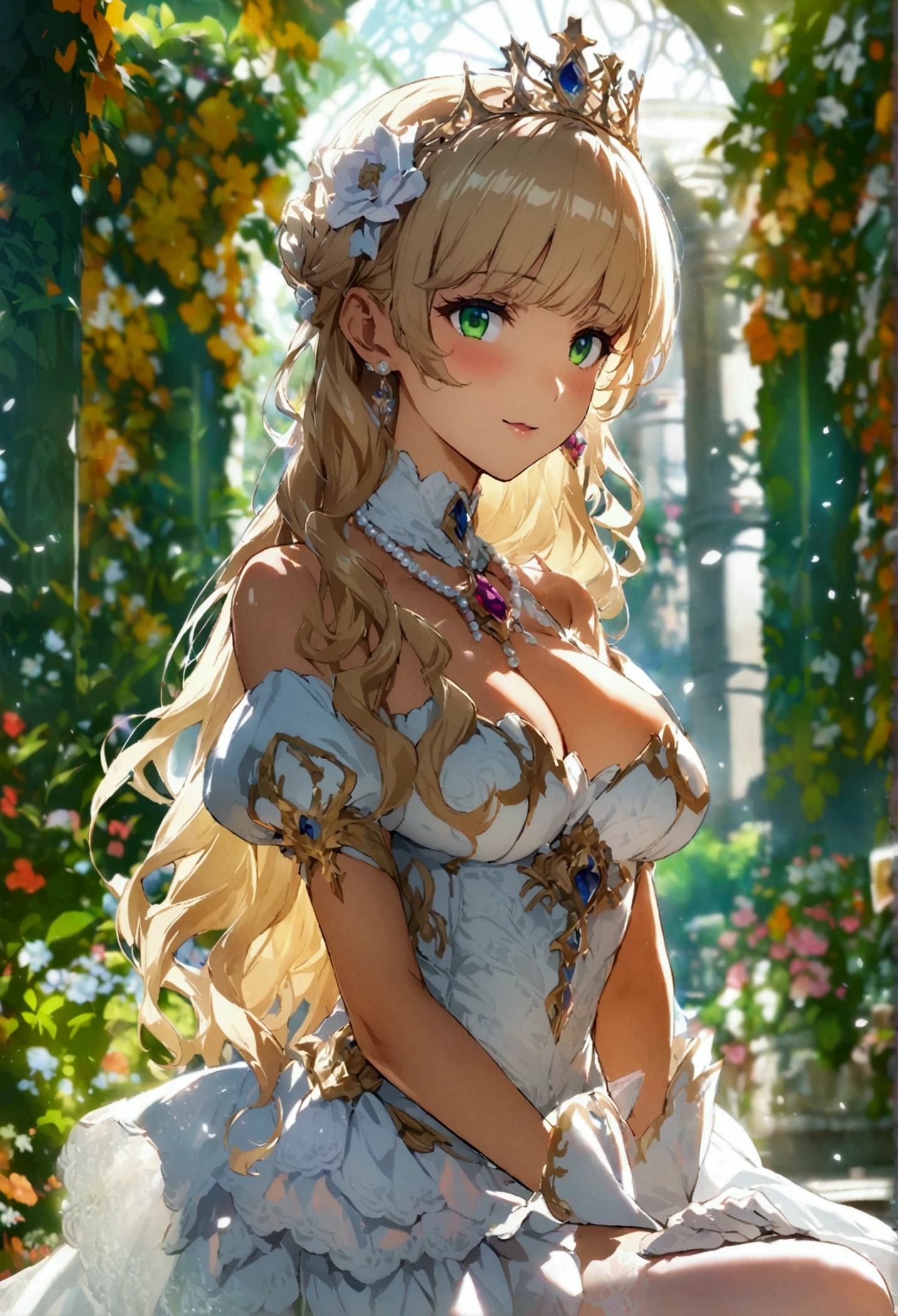 anime. 1 Girl. pretty girl. Princess. blonde. Long Hair. Wavy Hair. Green Eyes. Beautiful Eyes. Perfect Eyes. Expressive eyes. Blind eyes. Blind. The Ideal Face. . Sitting chest.((Huge breasts)). Ideal Anatomy. Beautiful long legs. Luxurious white dress. White Stockings. High heel shoes. White cane. crown. Pearl Necklace. Neat earrings. White gloves. Standing tall in the cold. she is standing on the street. Standing in the palace gardens. Beautiful character design. Shiny skin. whole body. Official Art. Highly detailed CG Unity 8k wallpaper. Ideal lighting. 超High resolution4K. Ultra high definition 8K. High resolution.Panty flashing