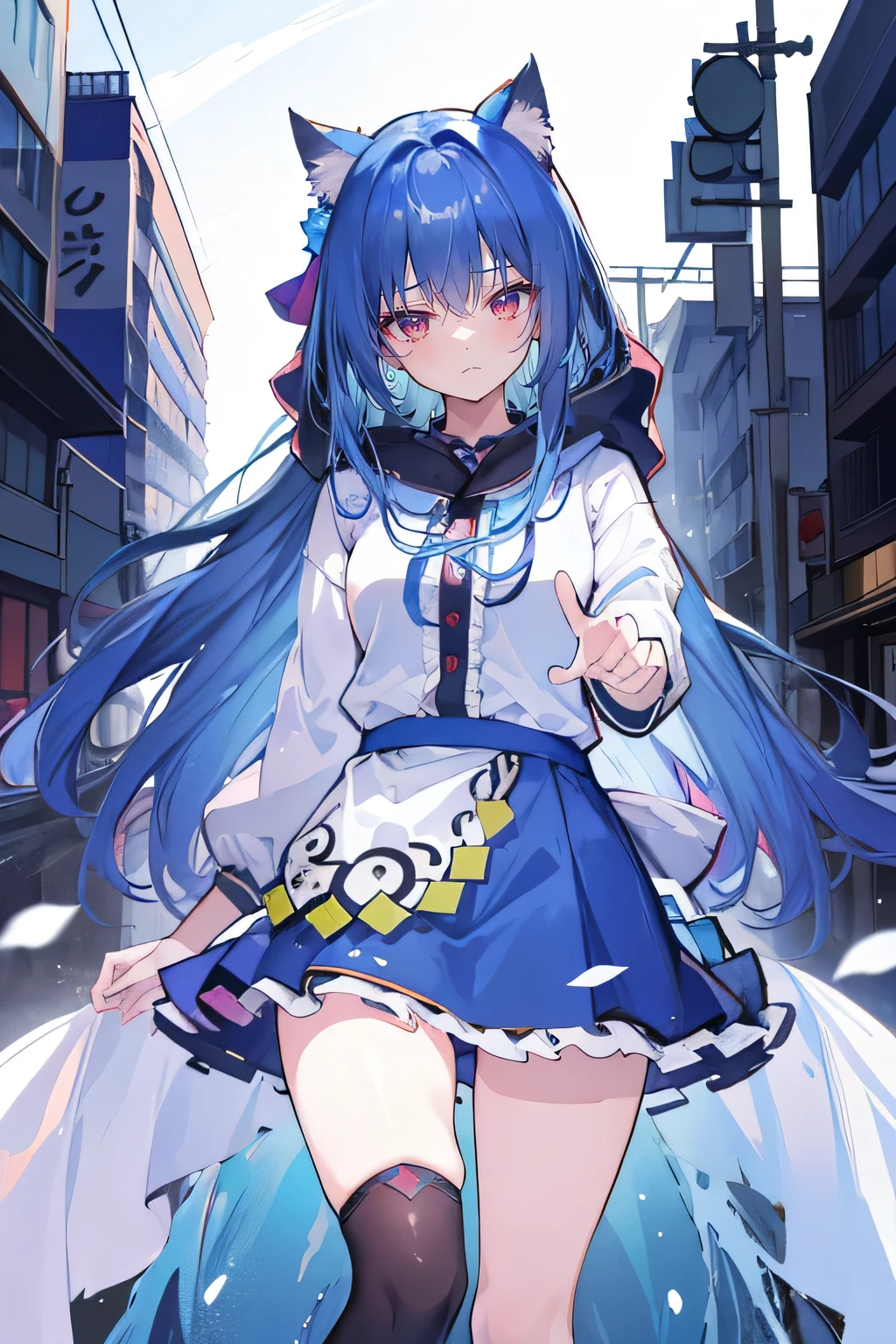 （masterpiece：1.2），Super detailed，lifelike，Expressive eyes，fair skin，perfect face shape，1 girl，
Japanese comics,Gorgeous blue hair,flowing blue hair,flowing clothes,Cat ears,Petals fall,beautiful lola,Baby Angel,
Shaking head with one hand，Cross your legs，smile, wearing hoodie,snowing，City streets。