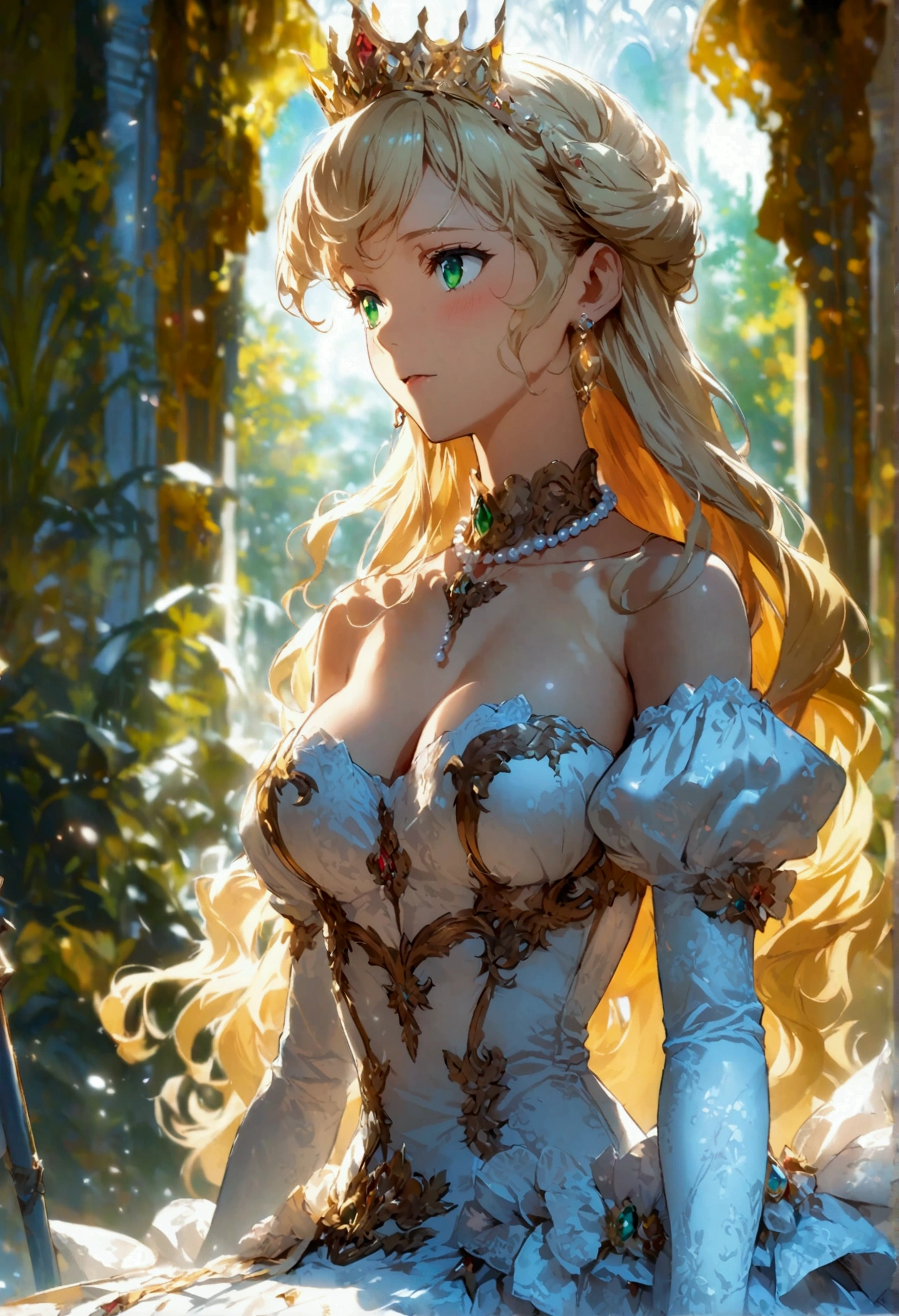 anime. 1 Girl. pretty girl. Princess. blonde. Long Hair. Wavy Hair. Green Eyes. Beautiful Eyes. Perfect Eyes. Expressive eyes. Blind eyes. Blind. The Ideal Face. 16 years. Sitting chest.Beautiful breasts. Ideal Anatomy. Beautiful long legs. Luxurious white dress. White Stockings. High heel shoes. White cane. crown. Pearl Necklace. Neat earrings. White gloves. Standing tall in the cold. she is standing on the street. Standing in the palace gardens. Beautiful character design. Shiny skin. whole body. Official Art. Highly detailed CG Unity 8k wallpaper. Ideal lighting. 超High resolution4K. Ultra high definition 8K. High resolution.Panty flashing