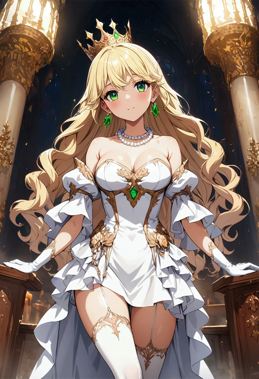 anime. 1 Girl. pretty girl. Princess. blonde. Long Hair. Wavy Hair. Green Eyes. Beautiful Eyes. Perfect Eyes. Expressive eyes. Blind eyes. Blind. The Ideal Face. 16 years. Sitting chest.Beautiful breasts. Ideal Anatomy. Beautiful long legs. Luxurious white dress. White Stockings. High heel shoes. White cane. crown. Pearl Necklace. Neat earrings. White gloves. Standing tall in the cold. she is standing on the street. Standing in the palace gardens. Beautiful character design. Shiny skin. whole body. Official Art. Highly detailed CG Unity 8k wallpaper. Ideal lighting. 超High resolution4K. Ultra high definition 8K. High resolution.Panty flashing