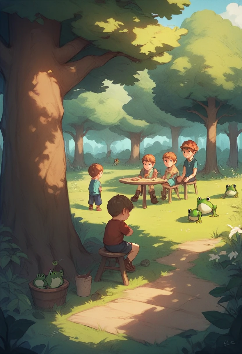 When it rains, children are playing in it, people are farming on the side On one side, frogs and peacocks stand under trees