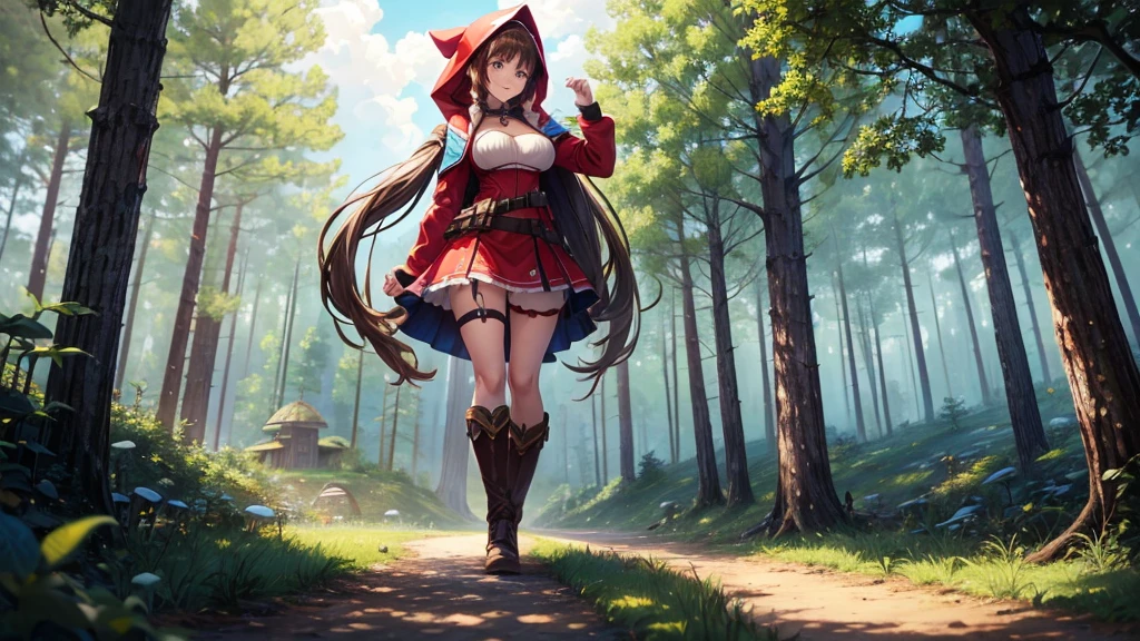 1girl, solo, full body, rural landscape, deep forest, trees, sun, clouds, fantasy, hut, mushrooms, path, brown hair, twintail, large breasts, red ress, hood,, cleavage 1:3, blue eyes, smile, looking at the viewer, standing