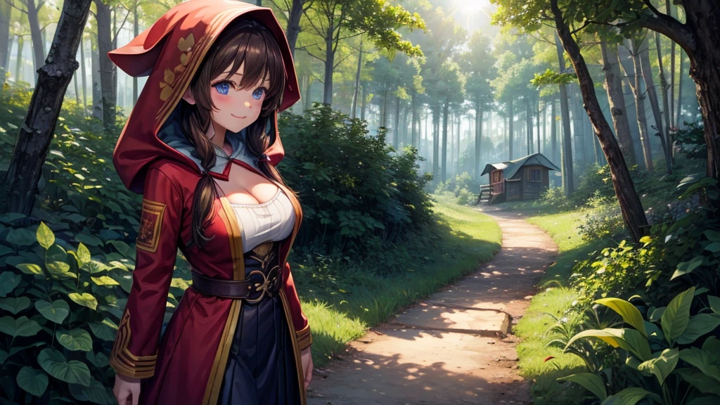 1girl, solo, full body, rural landscape, deep forest, trees, sun, clouds, fantasy, hut, mushrooms, path, brown hair, twintail, large breasts, red ress, hood,, cleavage 1:3, blue eyes, smile, looking at the viewer, standing