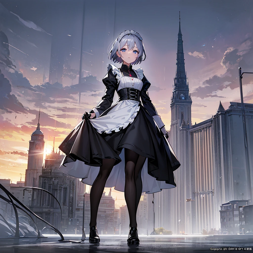 Illustration of one person, Dengeki Bunko, Woman Looking Back, Perfect Human Medicine, Woman keeps falling, {{{{{Maid clothes}}}}},Small Tits,anime, Two legs, Cool,{{{{{50 year old woman}}}}} ,{{{{{a person is depicted}}}}},(Official Art、{{{{{Upper Bodyアングル}}}}},Highest quality、Unity 8k wallpaper、32k、masterpiece、Ultra-detailed、Ultra-high resolution, Realistic、Grab your hair with your hands, Photorealistic:1.2)、(Cinema Lighting:1.2)、,Fire Glow Effect、The most grainy shadows on the film、Rim Light、Side light、Side Shot、(Ultra-detailedで複雑な3Dレンダリング)、Very short hair, Short wolf hair,細部までBeautiful Faceと目、Sharp pupils、Realistic生徒、Slender、Highly detailed background、Beautiful Face、Beautiful 16 year old girl、(Ultra-detailedなスキン、Detailed skin texture:1.Silver Hair:1.3)、Blunt bangs、blue eyes、{{{{{黒いMaid clothes}}}}}、White apron costume、Black knee socks、(Thighs Thighs Thighs Thighs:0.8)、Black Bhutanese sticks and a beautiful sunset、Medieval castle、Dancing on the Tower Roof、(avert your eyes、Overlooking the city:1.3)、Fantastic、Close your mouth and bite, Makes your face smaller, (Tabletop), Highest quality, Perfect Face, 1 Girl, alone, Eye color is light blue, Hair between the eyes, Very Short Hair, blue eyes, Silver Hair, Knee-high boots, corset,Black gloves, Long sleeve, Upper Body,