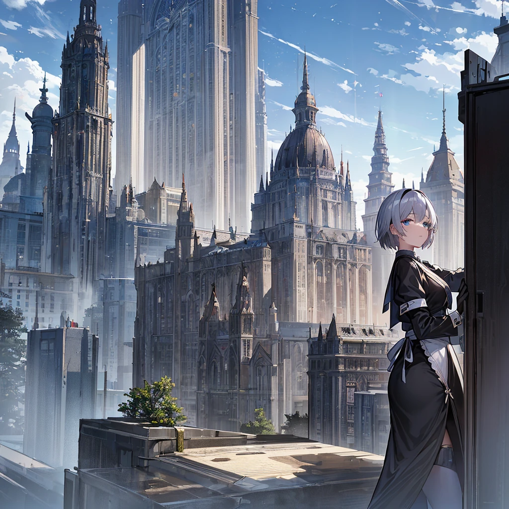 Illustration of one person, Dengeki Bunko, Woman Looking Back, Perfect Human Medicine, Woman keeps falling, {{{{{Maid clothes}}}}},Small Tits,anime, Two legs, Cool,{{{{{50 year old woman}}}}} ,{{{{{a person is depicted}}}}},(Official Art、{{{{{Upper Bodyアングル}}}}},Highest quality、Unity 8k wallpaper、32k、masterpiece、Ultra-detailed、Ultra-high resolution, Realistic、Grab your hair with your hands, Photorealistic:1.2)、(Cinema Lighting:1.2)、,Fire Glow Effect、The most grainy shadows on the film、Rim Light、Side light、Side Shot、(Ultra-detailedで複雑な3Dレンダリング)、Very short hair, Short wolf hair,細部までBeautiful Faceと目、Sharp pupils、Realistic生徒、Slender、Highly detailed background、Beautiful Face、Beautiful 16 year old girl、(Ultra-detailedなスキン、Detailed skin texture:1.Silver Hair:1.3)、Blunt bangs、blue eyes、{{{{{黒いMaid clothes}}}}}、White apron costume、Black knee socks、(Thighs Thighs Thighs Thighs:0.8)、Black Bhutanese sticks and a beautiful sunset、Medieval castle、Dancing on the Tower Roof、(avert your eyes、Overlooking the city:1.3)、Fantastic、Close your mouth and bite, Makes your face smaller, (Tabletop), Highest quality, Perfect Face, 1 Girl, alone, Eye color is light blue, Hair between the eyes, Very Short Hair, blue eyes, Silver Hair, Knee-high boots, corset,Black gloves, Long sleeve, Upper Body,