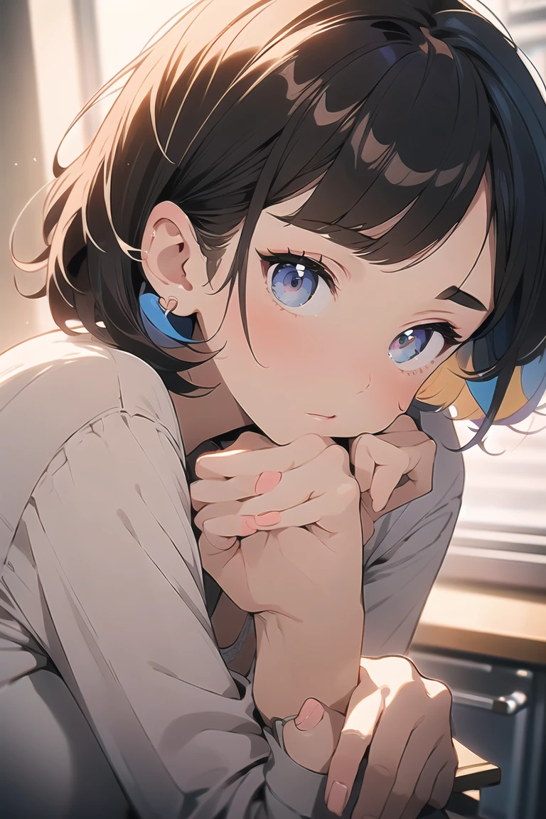 (best quality), (Super detailed), (Best Illustration), (masterpiece), score_9, score_8_up, score_7_up, (4k), (nsfw), (1woman), (full nude), (large breasts), {brown hair, (sideburns), (bob cut:1.3), curly hair, hairs between eyes, colored inner hair}, {(detailed eyes), heart-shaped pupils, blue eyes}, parted lips, embarrassed, nose blush, earring, sweat,