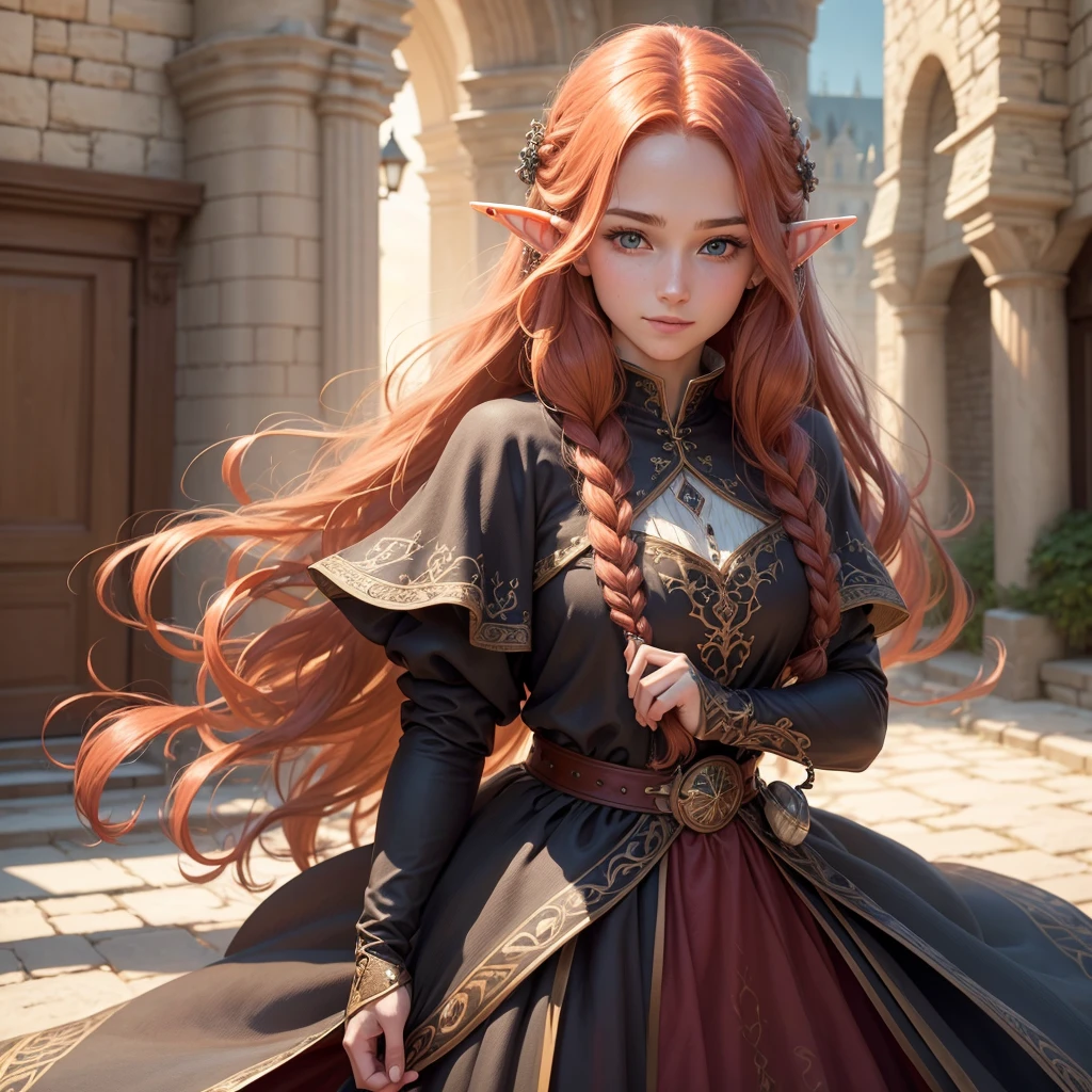 sup((best quality)), ((masterpiece)), (detailed), Prize-winning works, with incredible details, maximum textures and details, supHD ,8K,super resolution ,depth of field, retina, masterpiece, anatomically correct, textured skin, super detail, high details, highres ,an elf ,wearing medieval dress with lots of details1 Medieval female fantasy RPG elf,hair in the wind,very long light red hair wavy braid ,((hair,)),shy smile,similar to the work of JRR Tolkien,longCap ,fully body, hyper-detailed piercing eyes , (25 year old young man :1.1,detailedeyes, face detailed, whole body:1.1,the background is a magnificent castle similar to Castello de Chambord ),(best qualityer:1.2,ultra detali:1.1,realisitic:1.37) ,eyeshadows,sharp focus,swirly vibrant colors,)