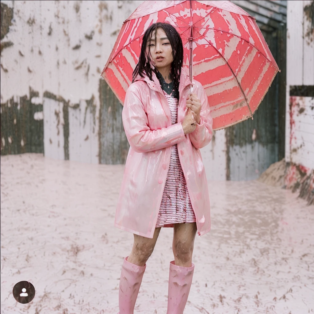 a beautiful asian woman holding a pink umbrella, cute pose, wearing a pink buttoned raincoat, tall pink rain boots, ((((muddy splatters)))), (((muddy raincoat))), (((mud dripping down clothes))) intricate details, highly detailed, masterpiece, 8k, photorealistic, cinematic lighting, vibrant colors, soft focus, elegant, feminine, beautiful, serene, graceful