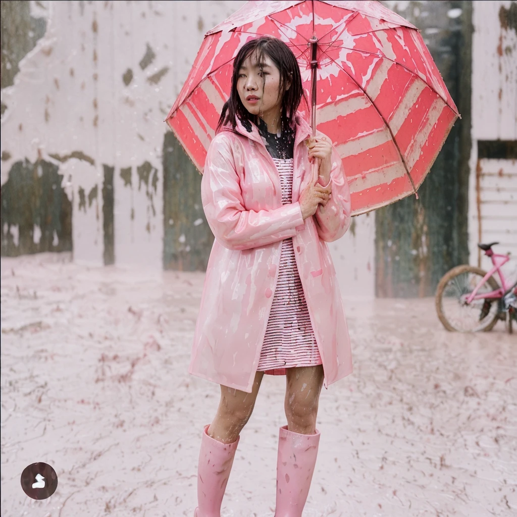 a beautiful asian woman holding a pink umbrella, cute pose, wearing a pink buttoned raincoat, tall pink rain boots, ((((muddy splatters)))), (((muddy raincoat))), (((mud dripping down clothes))) intricate details, highly detailed, masterpiece, 8k, photorealistic, cinematic lighting, vibrant colors, soft focus, elegant, feminine, beautiful, serene, graceful