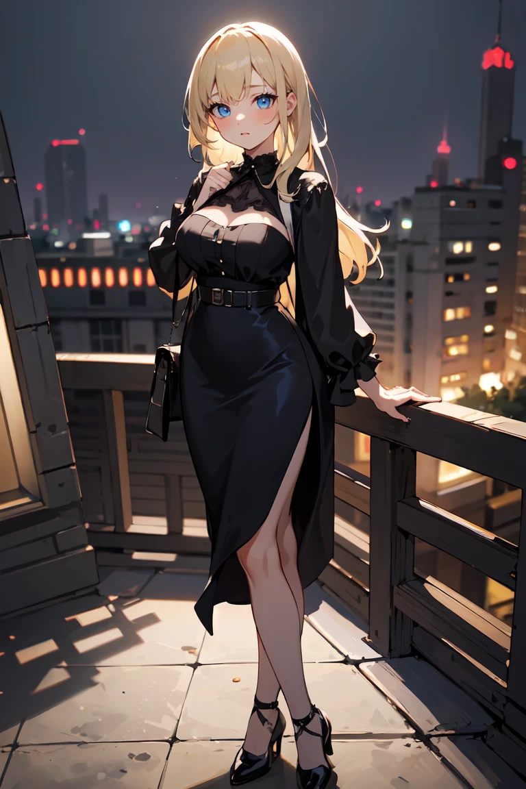 masterpiece, best quality, highly detailed background, perfect lighting, best quality, (extremely detailed face), volumetric lighting, intricate details, shadow, tonemapping, sharp focus, hyper detailed, trending on Artstation, (solo) ((Looking at the viewer)), ((city night background)) .Girl with medium blond hair. Blue eyes. curvy. Blush, Clear skin. Big bust. ((black, Goth, casual, clothes)) ((Gothic dressed)). Gothic shoes.