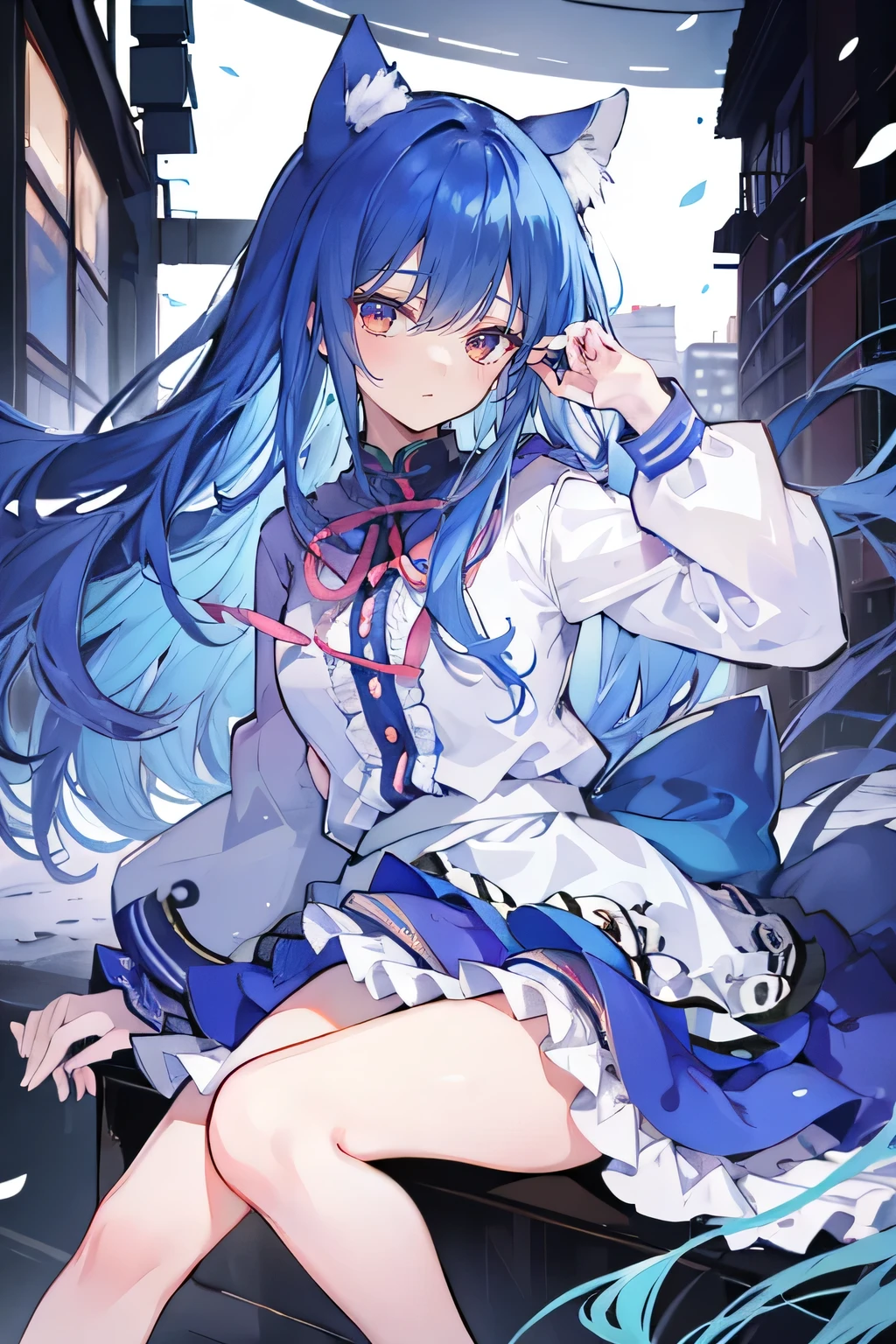 (masterpiece:1.2),Super detailed,lifelike,Expressive eyes,fair skin,perfect face shape,1 girl,
Japanese comics,Gorgeous blue hair,flowing blue hair,flowing clothes,Cat ears,Petals fall,beautiful lola,Baby Angel,
Shaking head with one hand,Cross your legs,smile, wearing hoodie,snowing,City streets。