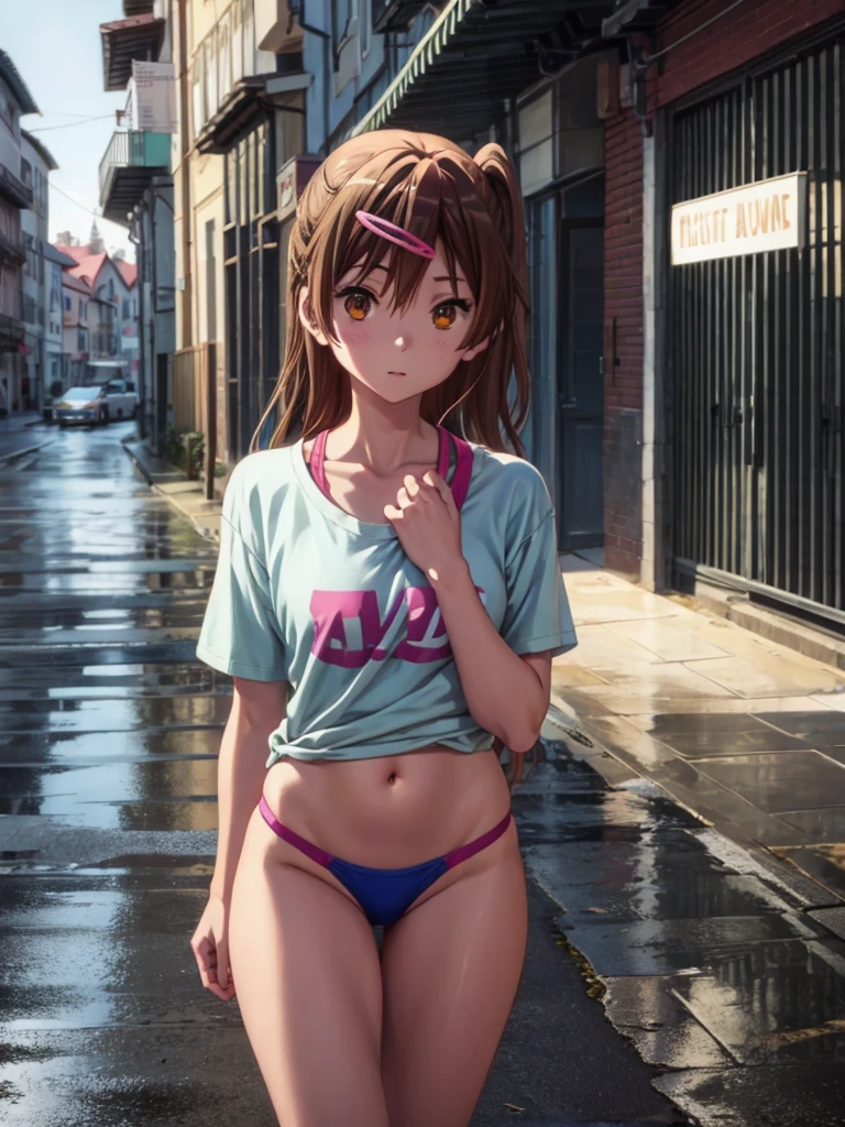 Girl, t-shirt, blue thong, Bare breasts, chest visible, street background, Narrow passage between houses, night, rain, slim body, In full growth, Sneakers, small breast