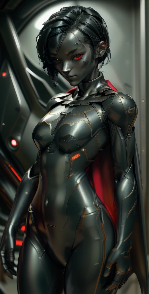 1 girl, solo, (look at viewer), ((Best quality)), ((masterpiece)), (detailed:1.4), ((upper body)), 3D, an image of a beautiful cyberpunk female,HDR (High Dynamic Range), Ray Tracing,NVIDIA RTX,Super-Resolution,Unreal 5,Subsurface scattering,PBR Texturing,Post-processing,Anisotropic Filtering,Depth-of-field,Maximum clarity and sharpness,Multi-layered textures,Albedo and Specular maps,Surface shading,Accurate simulation of light-material interaction,Perfect proportions,Octane Render,Two-tone lighting,Wide aperture,Low ISO,White balance,Rule of thirds,8K RAW, (((red eyes))), (((liquid metal black short hair))), CassCain, (dark skin:1.2), red eyes, black hair, short hair, medium breasts, batgirl bodysuit, belt, (( batgirl amor))