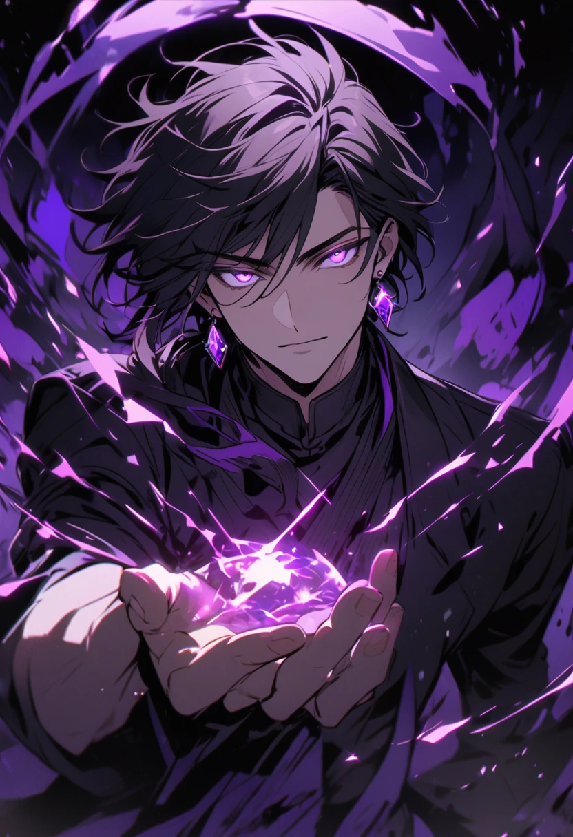 male, solo, handsome, purple eyes, glowing eyes, balck hair, diamond earings, spread the hand,
