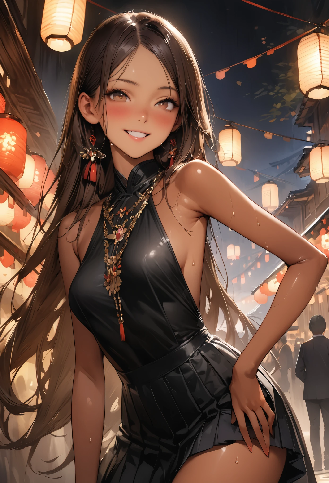 ((masterpiece,Highest quality:1.3,best quality illustration,realistic:1.3)),cowboy shot,独奏,1woman,(20-year-old、Japanese Beauty)、brown hair,long hair,center parted bangs,brown eyes,gorgeous eyes,((very small head:1.3)),smile,((very long body:1.2,skinny)),medium breasts,(tan skin:1.5), (gleaming skin,toned body,slender body),sweat,(Black sleeveless dress、Black pleated mini skirt)、Luxurious party venue、