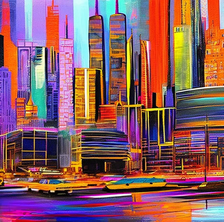 ibrant cityscape in digital drawing mode, depicting a cyberpunk cityscape with skyscrapers and, with bold lines and expressive brushstrokes evoking a sense of dynamic energy, set against a kaleidoscope of colors - burnt oranges, neon pinks, and dark purple, with touches of deep blues and purples in the shadows, infused with a cinematic quality, as if the city is alive and pulsing with the rhythm of the fading light, mesmerizing and full of movement. It is nighttime