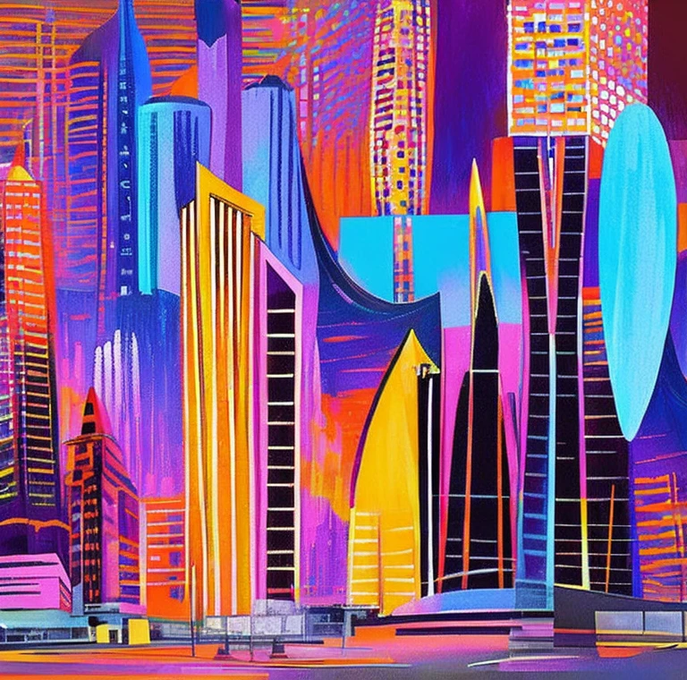 ibrant cityscape in digital drawing mode, depicting a cyberpunk cityscape with skyscrapers and, with bold lines and expressive brushstrokes evoking a sense of dynamic energy, set against a kaleidoscope of colors - burnt oranges, neon pinks, and dark purple, with touches of deep blues and purples in the shadows, infused with a cinematic quality, as if the city is alive and pulsing with the rhythm of the fading light, mesmerizing and full of movement. It is nighttime

