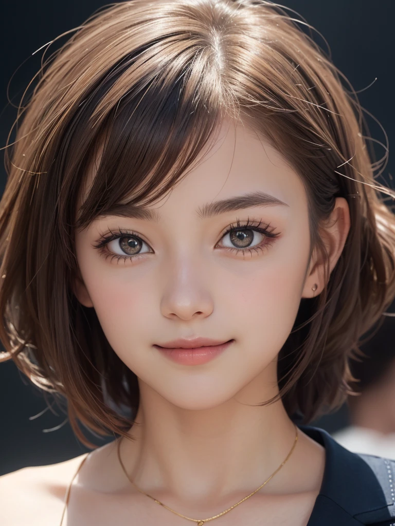 One Girl,(1人のとてもcute女の子,Golden Ratio:1.3),masterpiece,Highest quality,High resolution,From below,Low - Angle,Photorealistic,RAW Photos,Ray Tracing,beautiful girl,(15 years old:1.3),cute,Big eyes,(detailed pupils:1.2),(The face is facing forward:1.3),Cute nose,Beautiful nose,Upturned nose,Fuller lips,Short brown hair,ponytail,short hair,Detailed eyelashes,Thin eyebrows,Very fine grain definition,(Symmetrical eyes:1.3),(Face close-up,Face Focus:1.0),Small breasts,Short neck,High ,blazer,People emerge,Dark Background,Portrait,View Viewer,Smile,Upper Body,Cinema Lighting,Soft Light,Very detailed