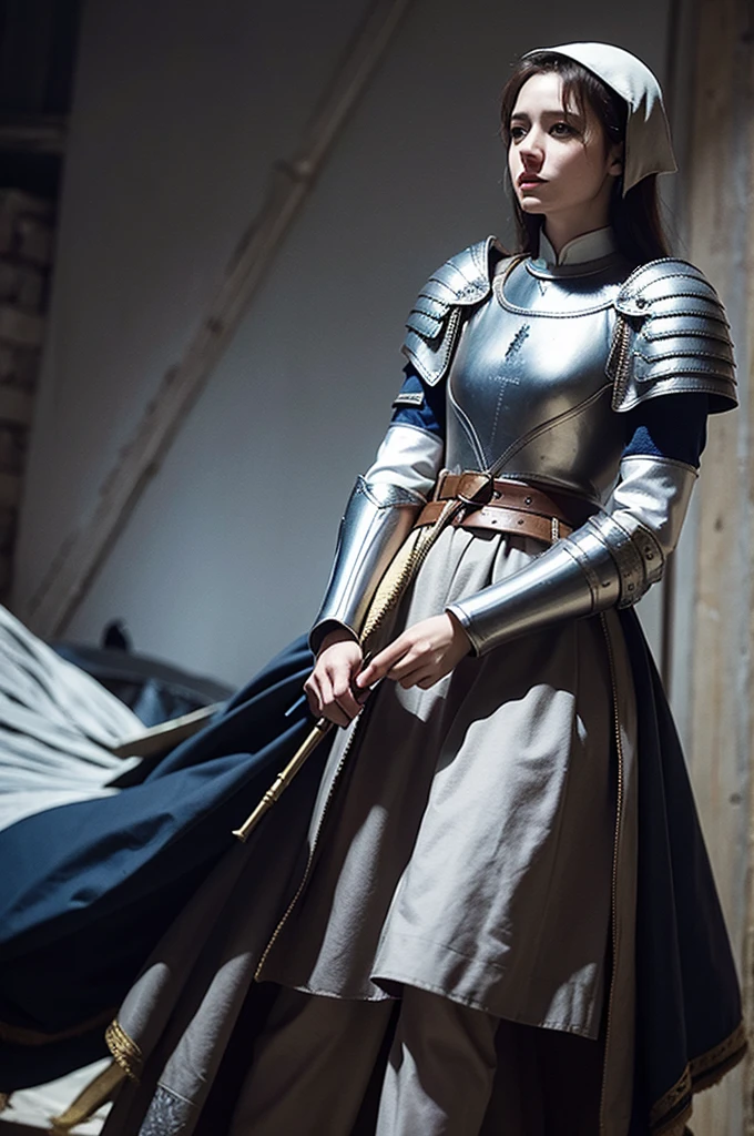Joan of Arc wearing men's clothes, cinematic style, left view, beautiful