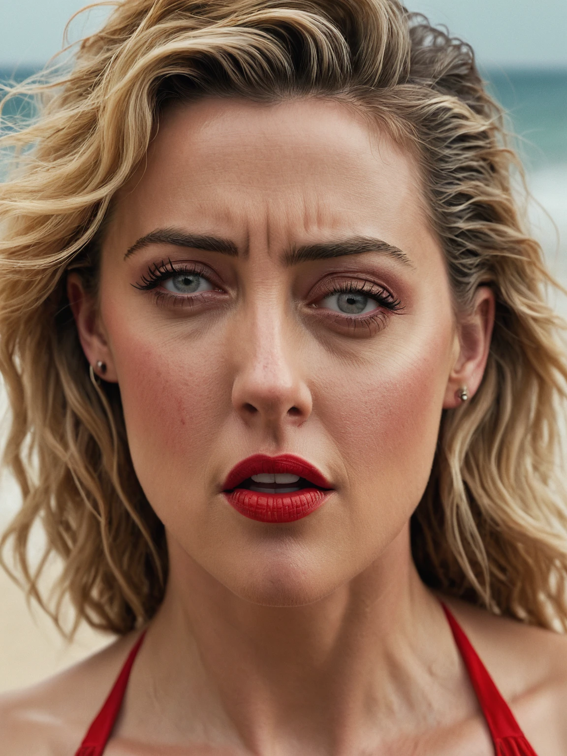 Amber heard in the beach, wearing a red bikini, looking directly at the viewer with an angry expression, raising her middle finger, (best quality,4k,8k,highres,masterpiece:1.2),ultra-detailed,(realistic,photorealistic,photo-realistic:1.37),highly detailed face, detailed eyes, detailed lips, detailed skin, detailed hair, ocean, sandy beach, warm lighting, dramatic lighting, cinematic, moody, emotional, powerful, defiant