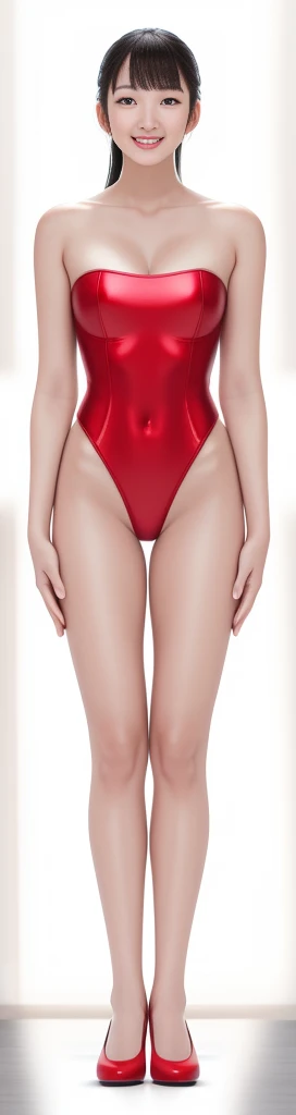 On a white background,A tall and beautiful Chinese girl,with fair skin,Toothy smile,A big smile,When you laugh, Your eyes are crescent-shaped,blunt bangs, long straight hair,Wear a one-piece swimsuit and pumps,Swimsuits are decorated with joyful patterns, Stand up straight,Stand upright,hands on sides,Symmetrical distribution,Ray tracing,All shaded areas,No windows, Soft lighting, Warm light, flood light, n, Studio light, 1.4x Realistic Ultra HD