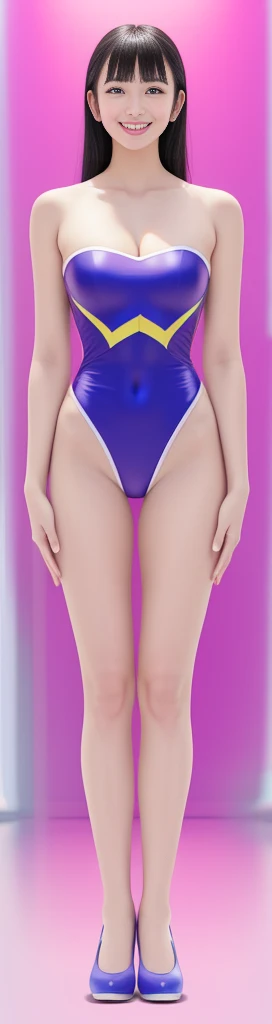 On a white background,A tall and beautiful Chinese girl,with fair skin,Toothy smile,A big smile,When you laugh, Your eyes are crescent-shaped,blunt bangs, long straight hair,Wear a one-piece swimsuit and pumps,Swimsuits are decorated with joyful patterns, Stand up straight,Stand upright,hands on sides,Symmetrical distribution,Ray tracing,All shaded areas,No windows, Soft lighting, Warm light, flood light, n, Studio light, 1.4x Realistic Ultra HD