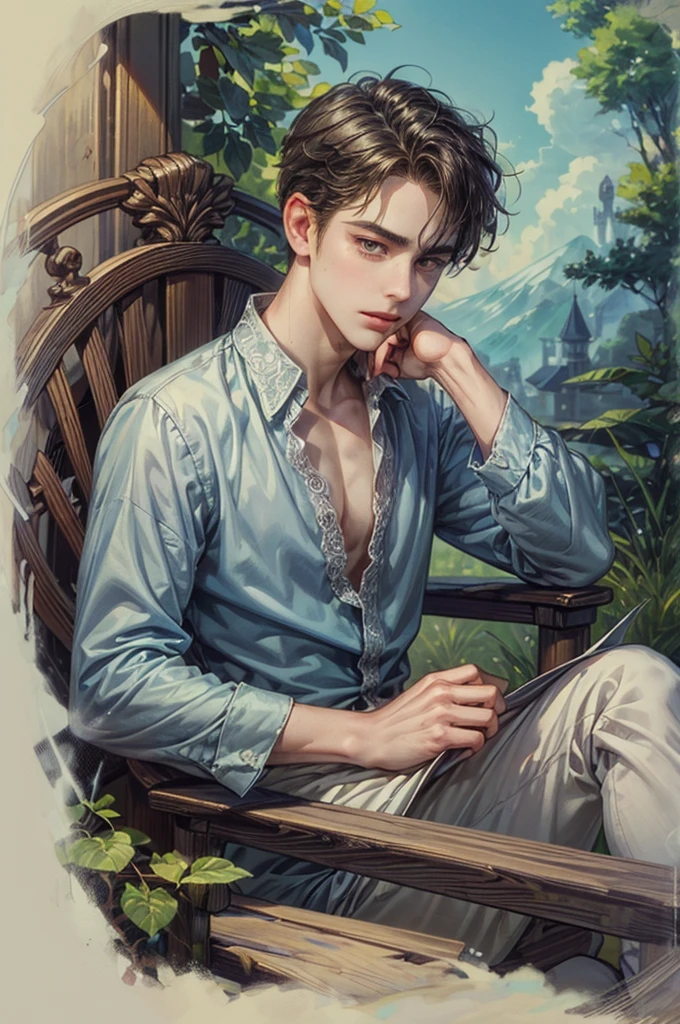 ((Best quality)), ((masterpiece)), (detailed), ((perfect face)), ((halfbody)) average looning face, male,  boy,  good proportions , a male version character from the corpse bride, short hair, male version, detailed background, detailed scenery background 