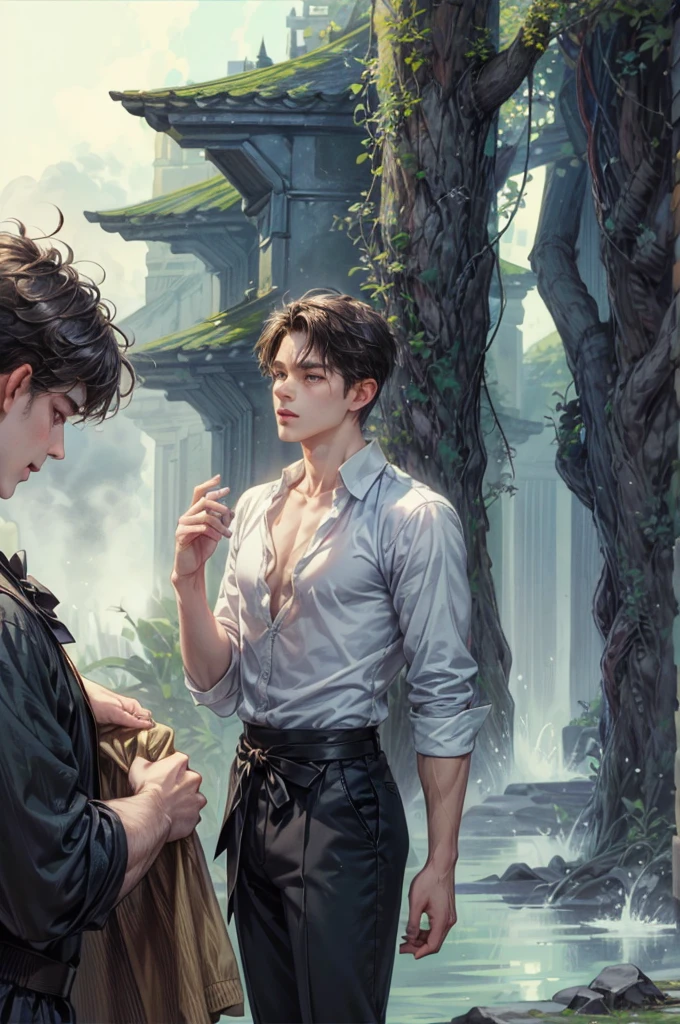 ((Best quality)), ((masterpiece)), (detailed), ((perfect face)), ((halfbody)) average looning face, male, boy, good proportions , a male version character from the corpse bride, short hair, male version, detailed background, detailed scenery background