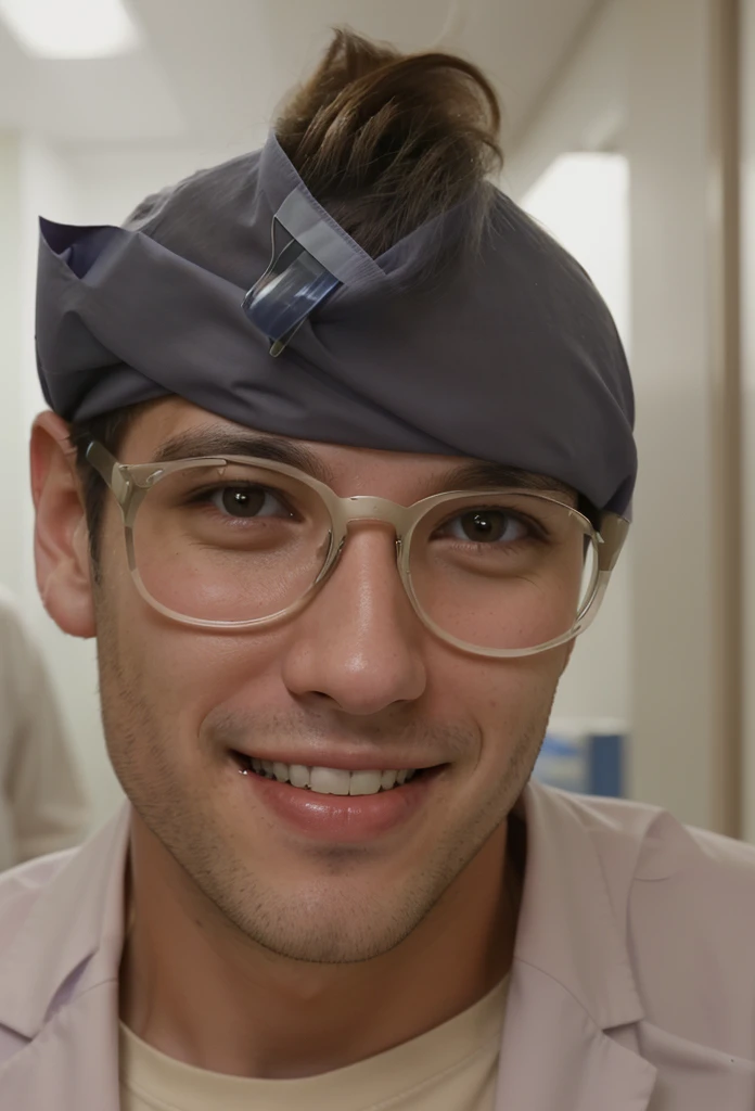 young doctor, without glasses, handsome, smiling in the hospital corridor,