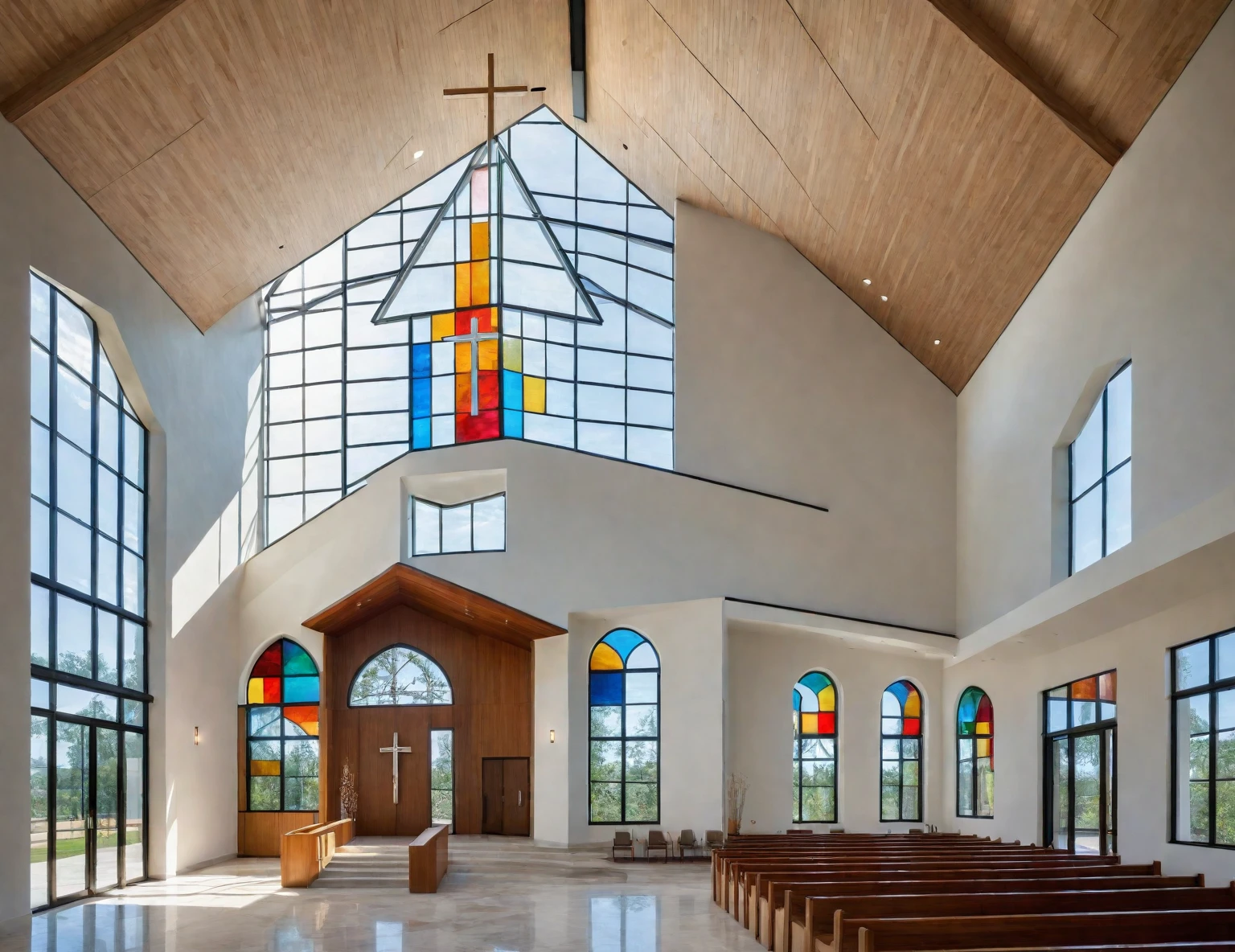 Modern Catholic church exterior, sleek architecture, clean lines, large glass panels, striking facade, grand entrance, tall slim doors, open space, natural light, high ceiling, exposed beams, marble altar, modern cross, wooden pews, subtle religious artwork, abstract stained glass, serene, reverent