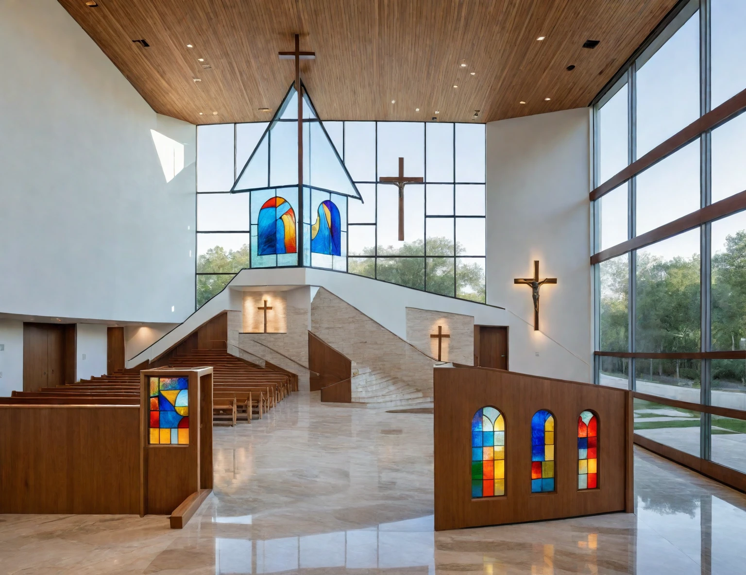 Modern Catholic church exterior, sleek architecture, clean lines, large glass panels, striking facade, grand entrance, tall slim doors, open space, natural light, high ceiling, exposed beams, marble altar, modern cross, wooden pews, subtle religious artwork, abstract stained glass, serene, reverent