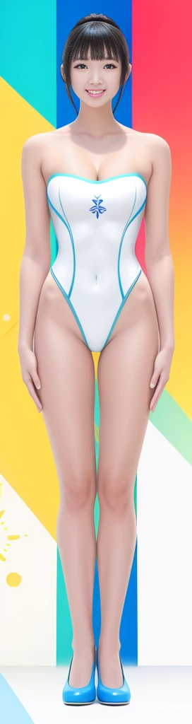 On a white background，A tall and beautiful Chinese girl，with fair skin，Toothy smile，A big smile，When you laugh, Your eyes are crescent-shaped，blunt bangs, long straight hair，Wear a one-piece swimsuit and pumps，Swimsuits are decorated with joyful patterns, Stand up straight，Stand upright，hands on sides，Symmetrical distribution，Ray tracing，All shaded areas，No windows, Soft lighting, Warm light, flood light, n, Studio light, 1.4x Realistic Ultra HD