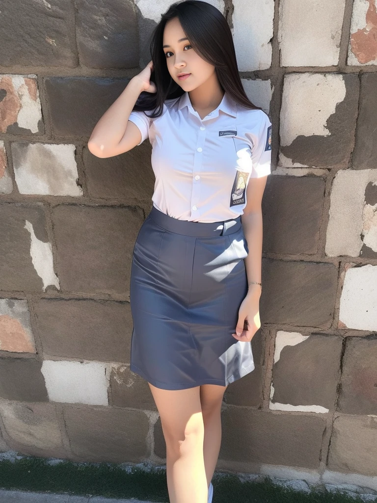 1girl, (uniform), standing, outdoors, chubby body, tall body, detailed face, detailed eyes, thick breasts, shiny skin, tight shirt, grey blue short skirt, eye contact with the viewer, low angle shot, professional light,(8k, RAW photo, best quality, masterpiece: 1.2), (realistic, realistic: 1.37), ultra-high resolution